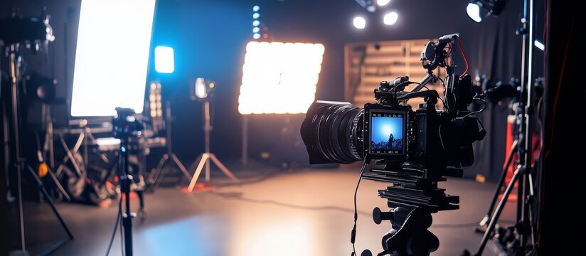 Film Set with Camera and Lighting Equipment