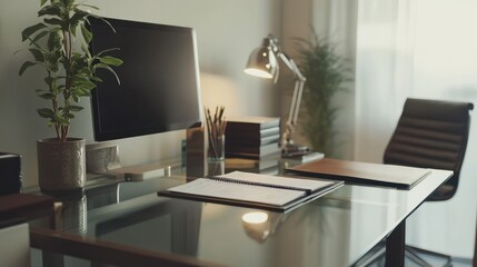 Fototapeta premium A clean, modern, and minimalist computer workspace with a sleek desk, a large monitor, and a comfortable chair. The room features neutral colors, simple décor, and efficient organization, creating a c