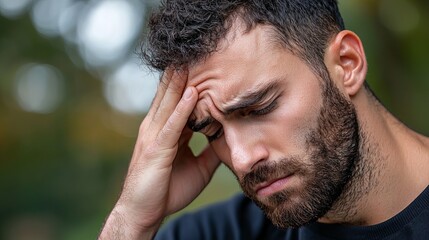 Fototapeta premium A distressed Middle-Eastern man displays signs of stress while holding his head with a pensive expression.
