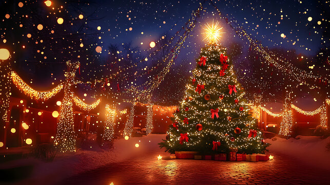 un fondo iluminado con destellos de luces brillantes con un arbol de navidad decorado alegre y con luces para tarjeta navide&ntilde;a o dise&ntilde;o con espacio de copia
