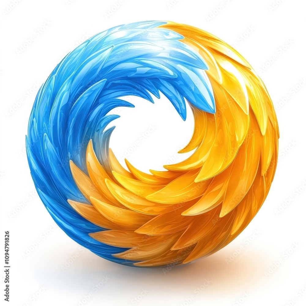 Poster a colorful abstract design featuring a circular pattern of blue and orange feathers, ideal for creat