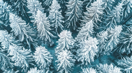 Aerial view of a snow-covered forest, capturing the intricate patterns of frosted treetops