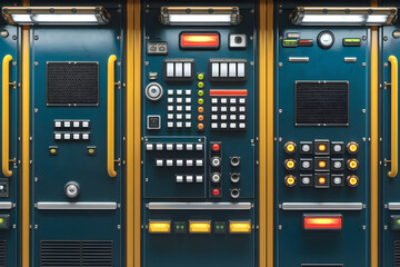 Fire alarm evacuation installation concept. Control panels with various buttons, switches, and displays, showcasing a vintage industrial design with a blue background.