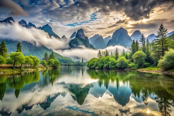 Naklejka premium Misty Mountain Range Reflection in Serene River - High Depth of Field Landscape Photography
