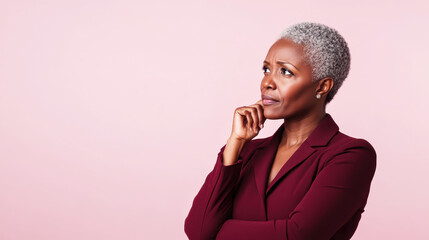 Thoughtful middle-aged woman in maroon suit against a pink background