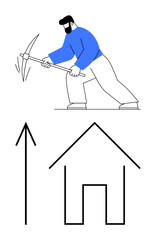 Man swinging a pickaxe, house outline with an upward-pointing arrow. Ideal for real estate, investment, construction, housing market trends, economic growth, property development, financial planning