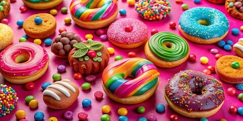 A Colorful Display of Candies and Doughnuts Artfully Arranged on a Pink Background for Sweet Treats Enthusiasts and Dessert Lovers