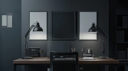 Modern office room design with wall frames and professional setup