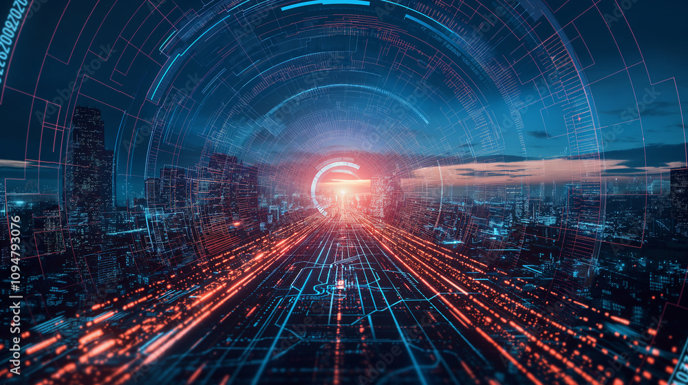 Poster a holographic cyber-world landscape featuring floating data packets, shielded zones, and ai bots pat
