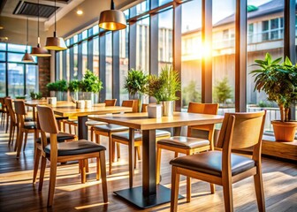 Obraz premium Modern Restaurant Interior with Empty Wooden Tables and Chairs Bathed in Natural Light - Minimalist Design, Tranquil Ambiance, and Contemporary Decor