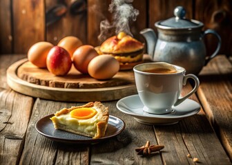 A Cozy Scene Featuring a Broken Boiled Egg with Apple Pie and a Cup of Tea, Perfect for a Relaxing Afternoon at Home, Evoking Comfort and Warmth in a Culinary Setting
