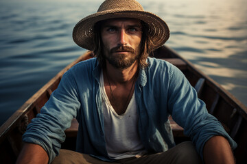 Obraz premium Man sitting in boat surrounded by water generative AI illustration