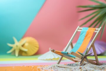 Fototapeta premium Composition with miniature deck chair starfishes and paper umbrella on colorful background