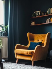 Mustard Yellow Velvet Armchair In A Cozy Room