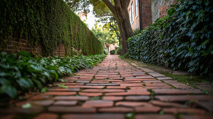 Fototapeta premium Bare brick pathway with ivy-covered wall beside it - Simple and historic