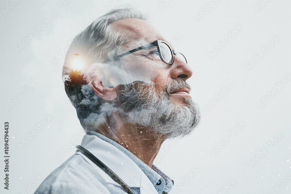 Poster a double exposure image of a worker in laboratory generative ai