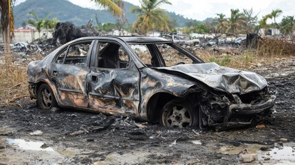 Fototapeta premium Abandoned Car Aftermath of Accident in Neglected Area