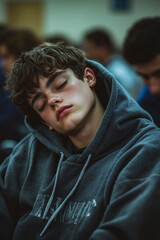 A young man in a gray hoodie sleeping in a crowd of people
