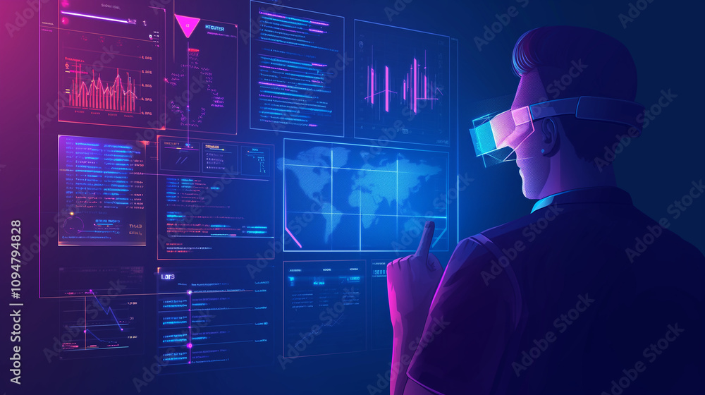 Poster a person using ar glasses to navigate a virtual interface displaying cybersecurity breaches, blocked