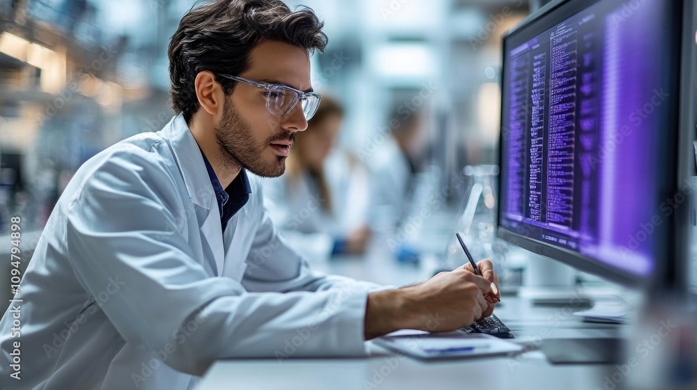 Poster scientist working on a computer
