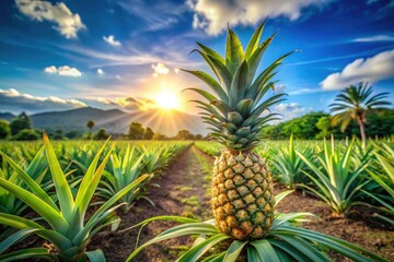 Obraz premium Ripe Pineapple in Modern Organic Farming Field - Harvest Time, Tropical Agriculture, Fresh Produce, Organic Farming, Sustainable Agriculture, Pineapple 
