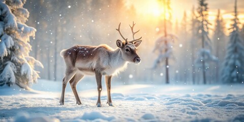 Adorable Baby Reindeer Exploring a Snowy Landscape with Soft Light and Rule of Thirds Composition for Nature and Wildlife Photography