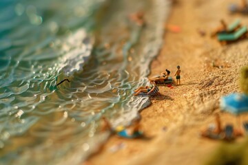 Miniature people sunbathing at beach in summer concept.