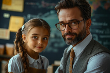 A man and a little girl standing next to each other in front of a blackboard