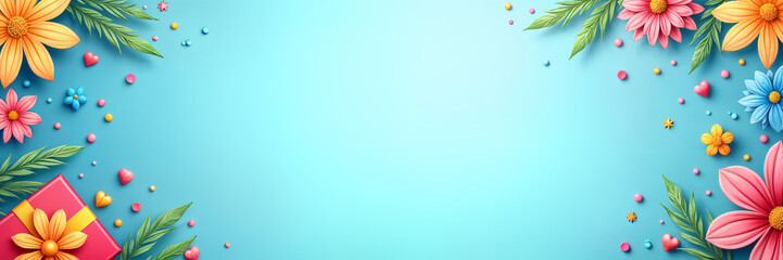 Obraz premium Greeting card. Vibrant blue background adorned with colorful flowers and dots, creating a cheerful and festive atmosphere.