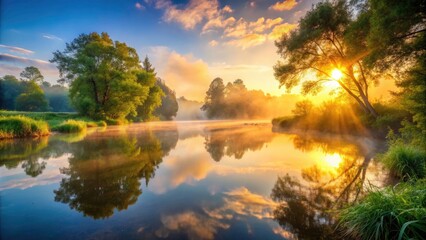 Obraz premium Serene Morning on the River: Tranquil Water Reflections, Misty Landscapes, Sunlight Through Trees, Nature's Beauty, Peaceful Waters, and Fresh Beginnings