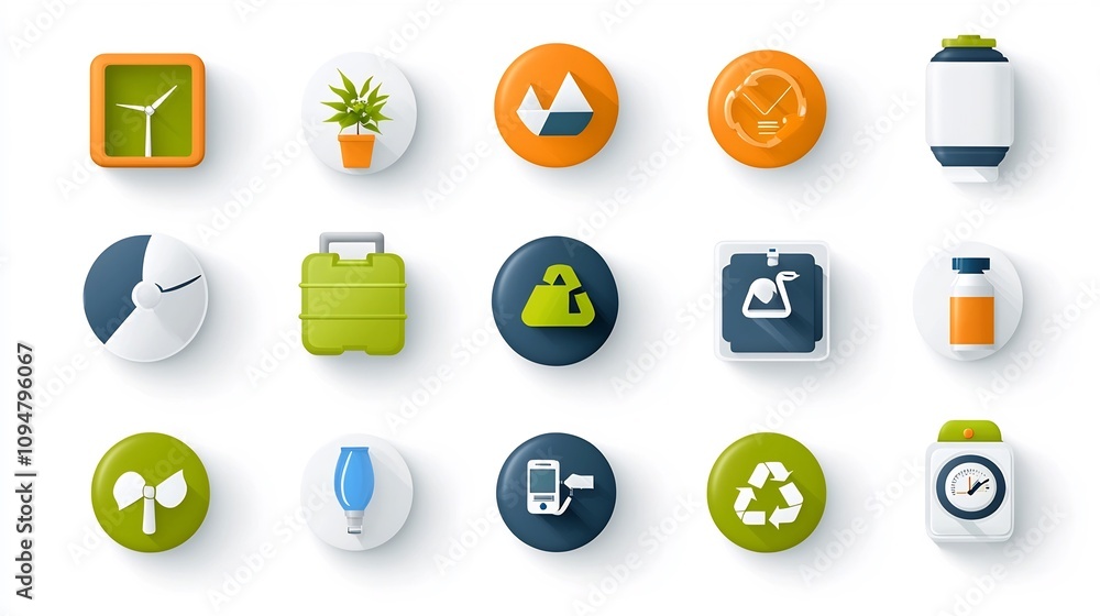 Poster collection of modern icons representing renewable energy sources recycling systems water saving tech