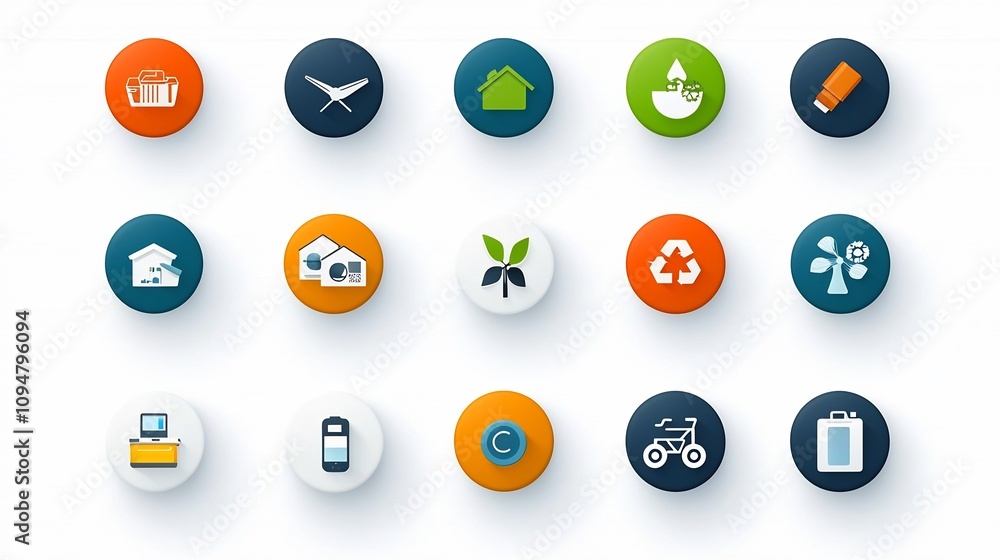 Poster comprehensive icon set featuring visual representations of sustainable lifestyle elements including 