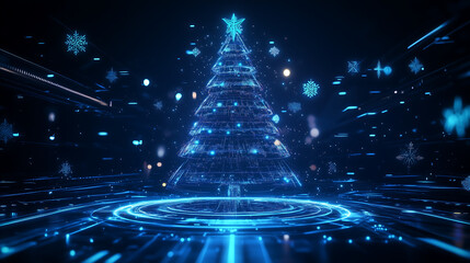 A neon blue digital Christmas tree
