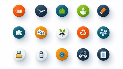 Comprehensive icon set featuring visual representations of sustainable lifestyle elements including renewable energy sources recycling systems water saving technologies