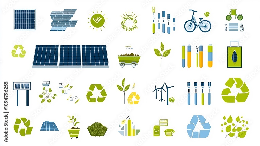 Poster set of infographic icons representing sustainable solutions and renewable energy concepts including 