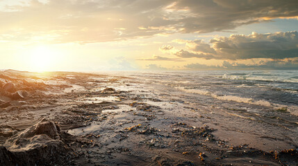 Obraz premium Sunset Over Mudflats: Serene landscape photography captures the breathtaking beauty of a sunset casting its golden hues over expansive mudflats.