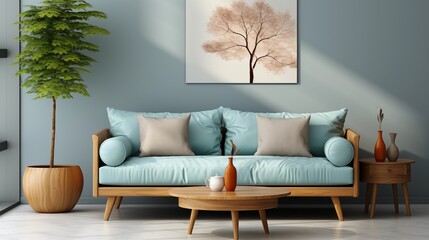 Minimalist living room with a blue sofa and round wood coffee table. White wall emphasizes Nordic simplicity and clean design.