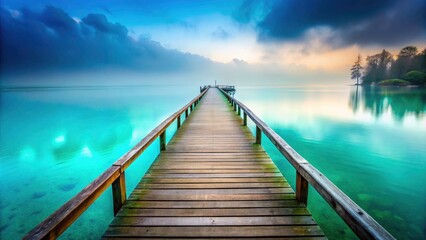Obraz premium Serene Wooden Pier Over Misty Turquoise Waters - Tranquil Landscape Photography for Calm Atmosphere and Nature's Beauty