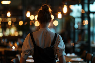 Obraz premium Generative AI Image of Waiter or Waitress Working in Fast Food Cafe Restaurant with Warm Ambient Lighting