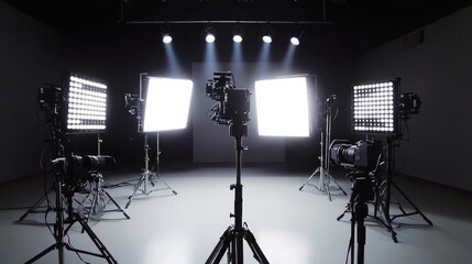 A Film Set with Multiple Lights and a Camera on a Tripod