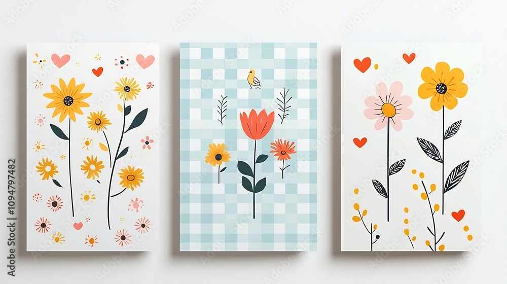 Poster captivating abstract flower patterns in a colorful vintage style with checkered backgrounds perfect 