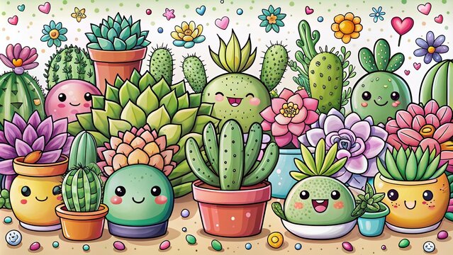 Adorable Collection of Kawaii Succulent and Cacti Characters with Flower Emojis for Coloring Book Page Concept, Perfect for Plant Lovers and Kids' Art Activities