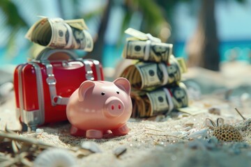 Travel savings with piggy bank  money bundles for vacation.