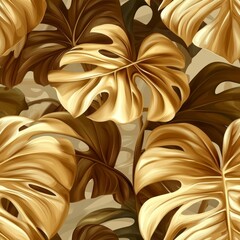 Seamless Pattern, Abstract Background, Illustrated Tropical Leaves, Exotic Wallpaper in Beige Colors