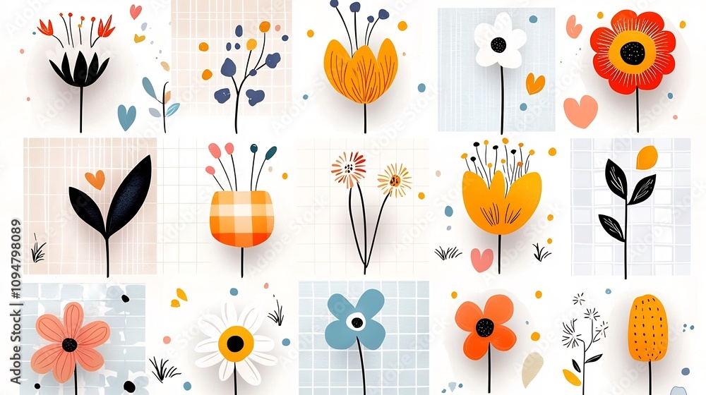 Poster retro inspired floral patterns with abstract colorful flowers and checkered backgrounds creating sea