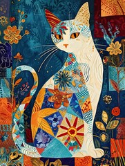 cat in the art style of bold colors and quilted patterns, whimsical designs, burgandy and blue earthtone colors, Bright Gold foil floral accents, dotted, dadaism, the helsinki school, fashion illustra