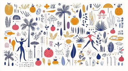 retro summer themed composition featuring a mosaic inspired geometric arrangement of tropical elements like palm trees colorful fruits and stylized dancers in a vibrant boho chic aesthetic