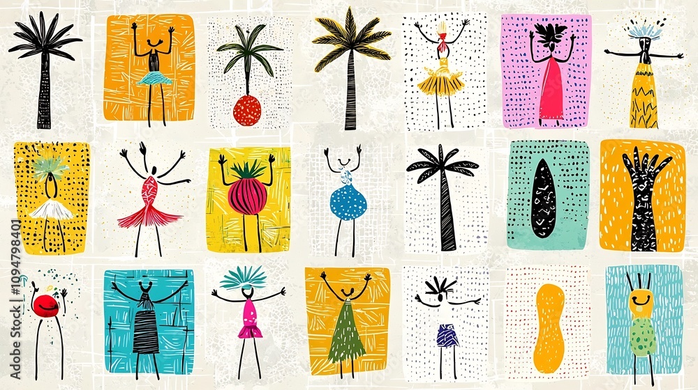 Poster Vibrant and colorful tropical geometric mosaic pattern featuring hand drawn palm trees Hawaiian dancers and exotic fruits in a vintage bohemian aesthetic  This digital has a repeating