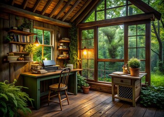 Fototapeta premium Cozy Writer's Cabin Surrounded by Nature with Natural Light and Warm Ambiance Perfect for Inspiration and Creativity, Ideal for Capturing the Essence of a Writer's Retreat