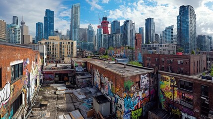 Obraz premium A vibrant urban environment showcases striking graffiti on buildings alongside a modern city skyline under a partly cloudy sky. The scene captures the contrast between urban decay and new development.